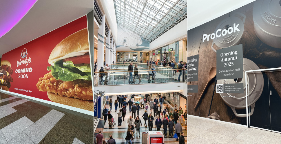 "Collage of three photos inside a shopping mall: Left image shows a Wendy's advertisement with a chicken sandwich and 'COMING SOON' text; center image captures a bustling mall interior with shoppers on two levels beneath a glass ceiling; right image features a ProCook advertisement stating 'Opening Autumn 2025' with a teaser about something special coming soon."